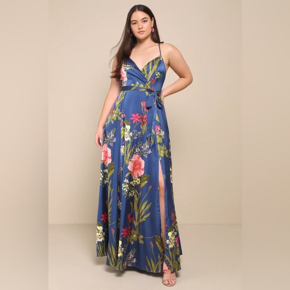 Lulus Still the One Blue Floral Print Satin Maxi Dress XL
